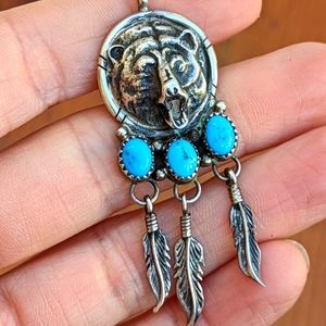 Native Navajo Sterling & Turquoise Bear Pendant